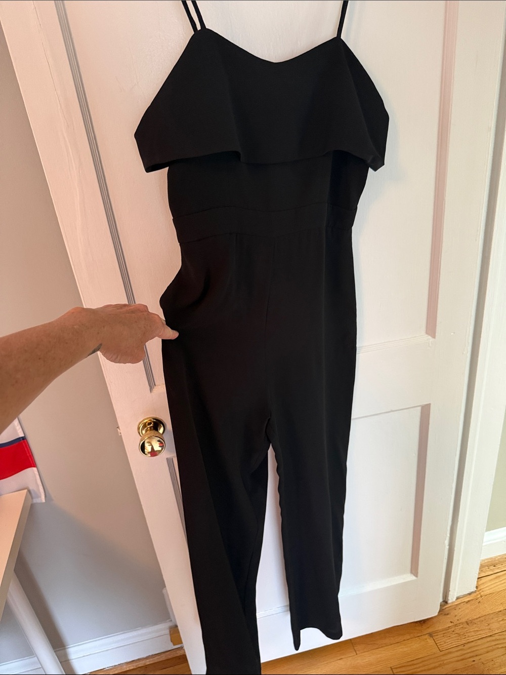 Wayf Black Ruffle-Overlay Spaghetti-Strap Jumpsuit
